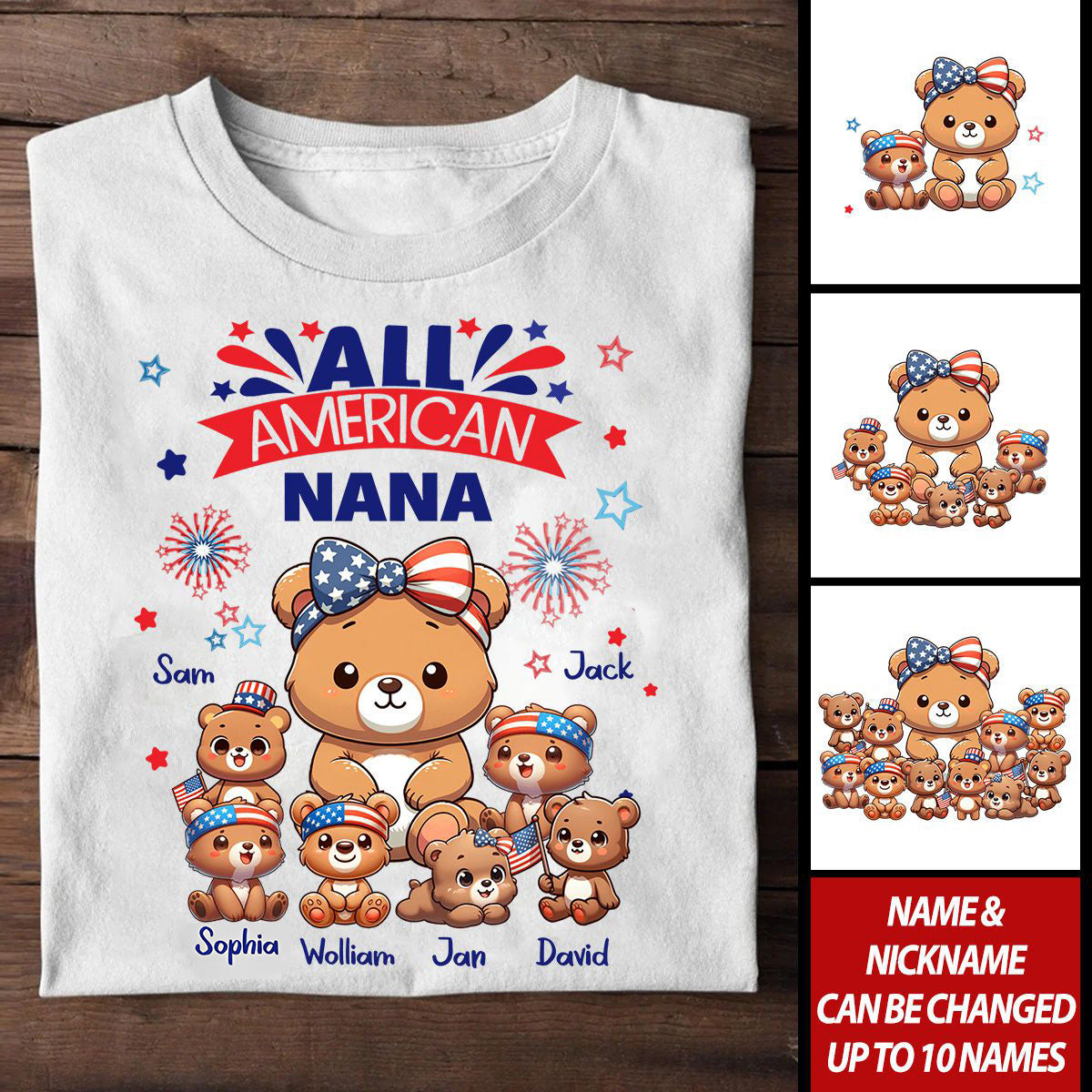 All American Nana Grandma Cute Bear Grandkids 4th of July Gift Personalized T-shirt