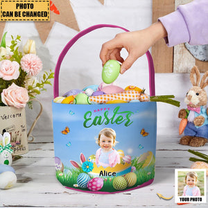 Happy Easter Kid With Easter Eggs - Personalized Photo Easter Basket