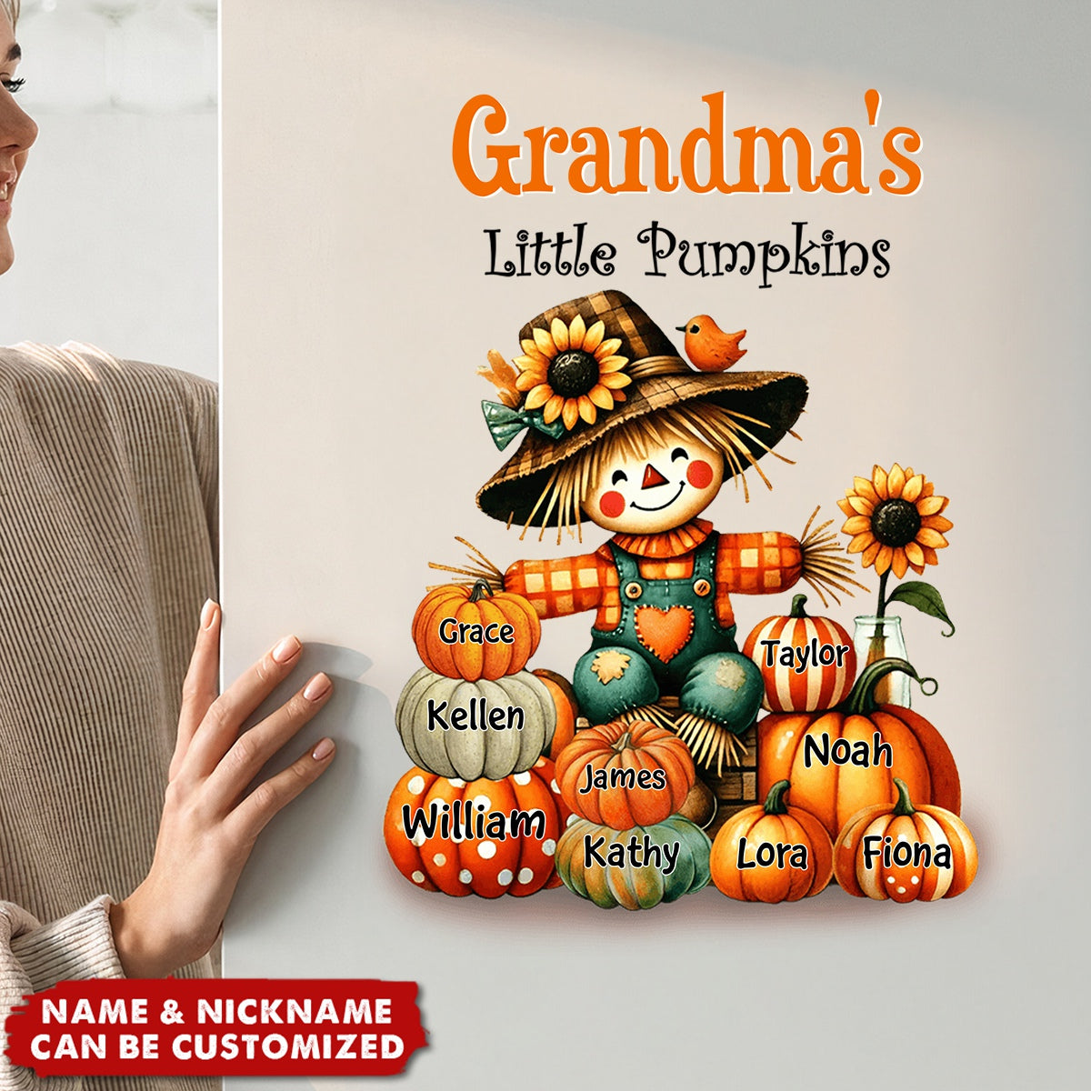 Autumn Vibe Scarecrow Grandma and Pumpkin Grandkids Personalized Decal