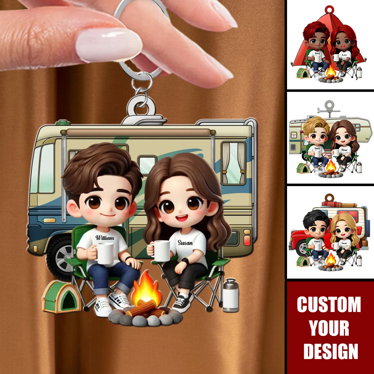 Cute Cartoon Camping Sitting Couple Personalized Acrylic Keychain,Valentine's Day