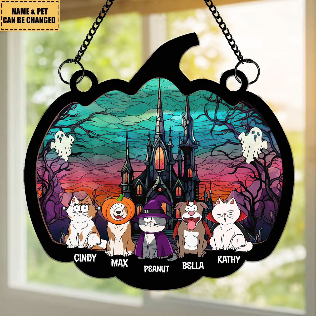 Happy Halloween With Fur Babies - Personalized Window Hanging Suncatcher Ornament