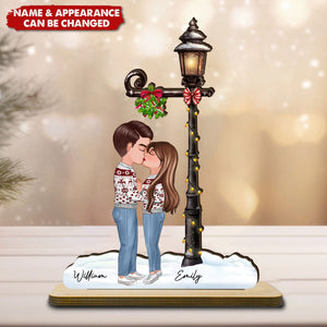 Couple Kissing Under Mistletoe Lamp Post Christmas Personalized 2-Layer Standing Wooden Plaque