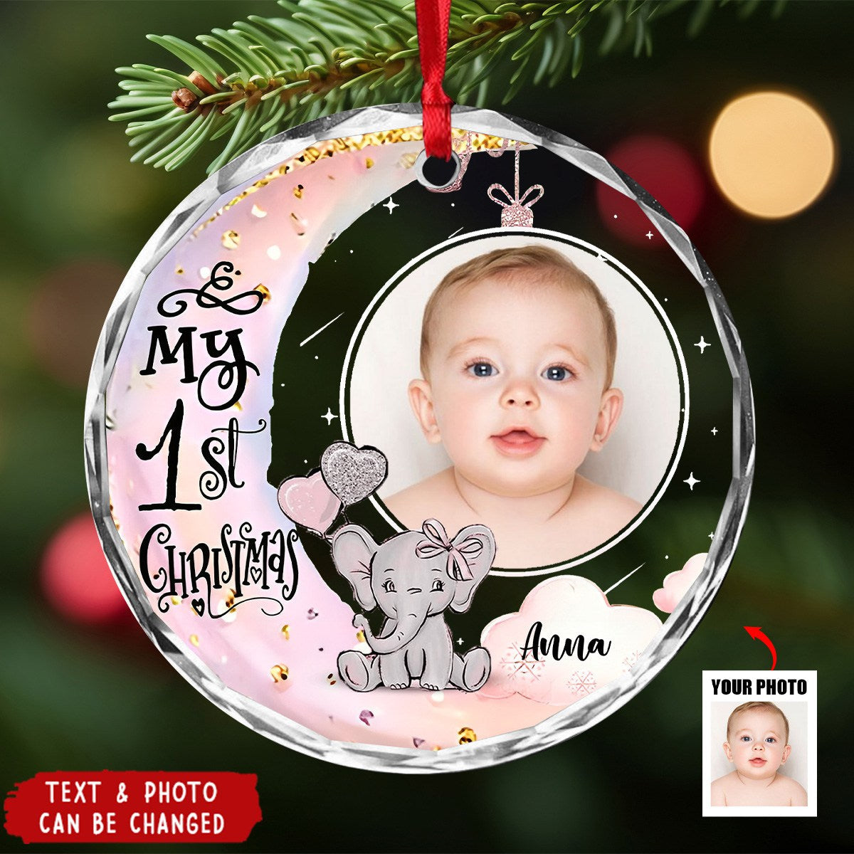 Personalized Baby's First Christmas Custom Photo Circle Glass Ornament