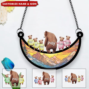 Bear Mom Grandma With Kids - Personalized Suncatcher Window Hanging Ornament