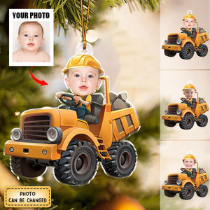 Little Boy Riding Construction Truck - Flat Design - Gifts For Kids - Personalized Acrylic Photo Ornament