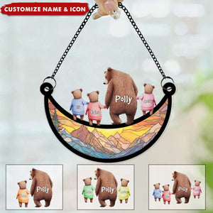 Bear Mom Grandma With Kids - Personalized Suncatcher Window Hanging Ornament