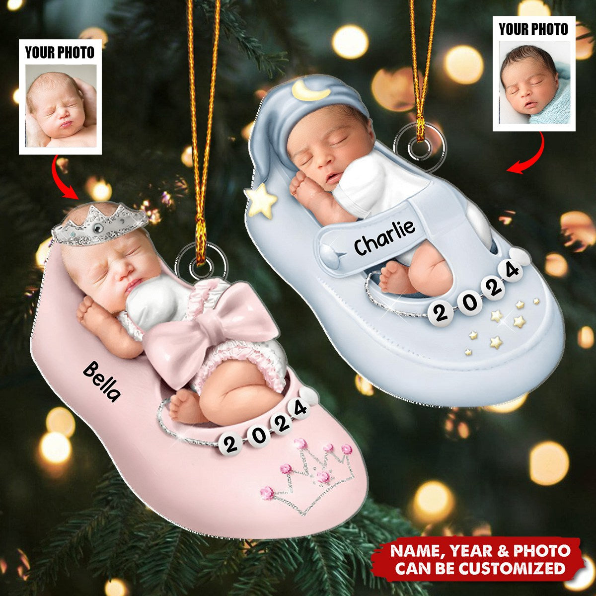 Custom Photo New Born Baby Sleep In Shoes Personalized Christmas Ornament