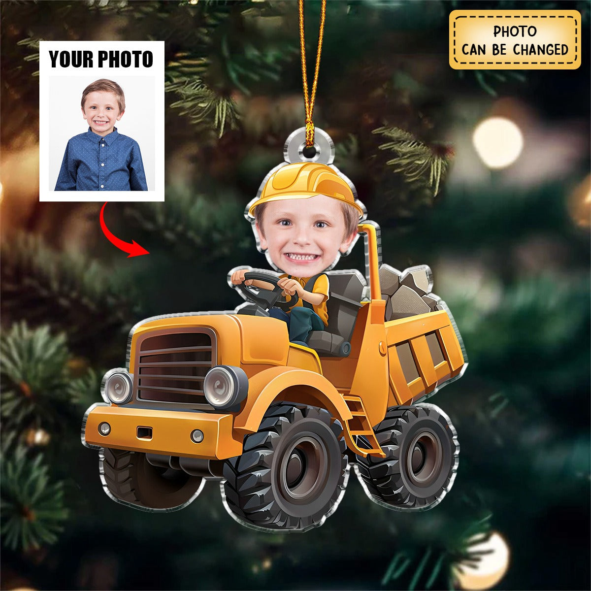 Little Boy Riding Construction Truck - Flat Design - Gifts For Kids - Personalized Acrylic Photo Ornament