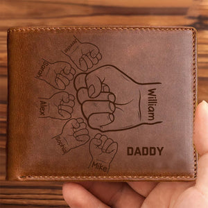 Personalized Hands Clenched Custom Father & Kid Names Gift for Dad Laser Leather Wallet