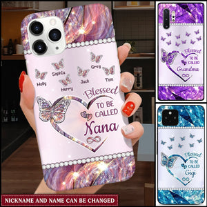 Personalized Glass Phone Case Sparkling Grandma- Mom Heart Butterfly Kids