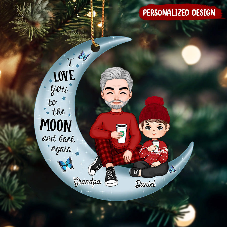 Grandpa & Grandkid On Moon Christmas Gift Personalized Acrylic Ornament Gift for Grandparents