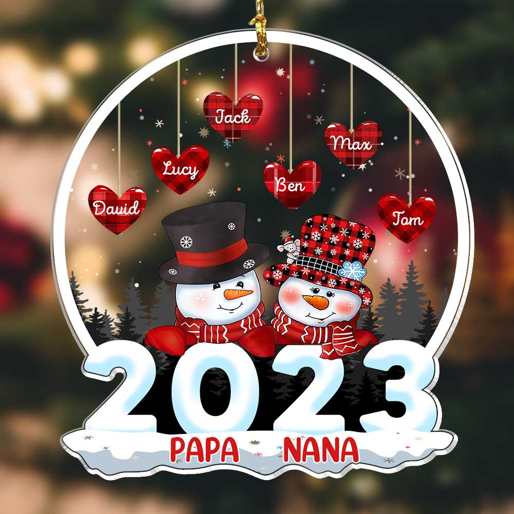 Sparkling Christmas Snowman Papa Nana Dad Mom On 2023 Heart Kids In Snowball Personalized Ornament