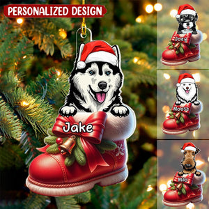 Cute Dog Puppy Pet On Christmas Boots Shoes Personalized Acrylic Ornament