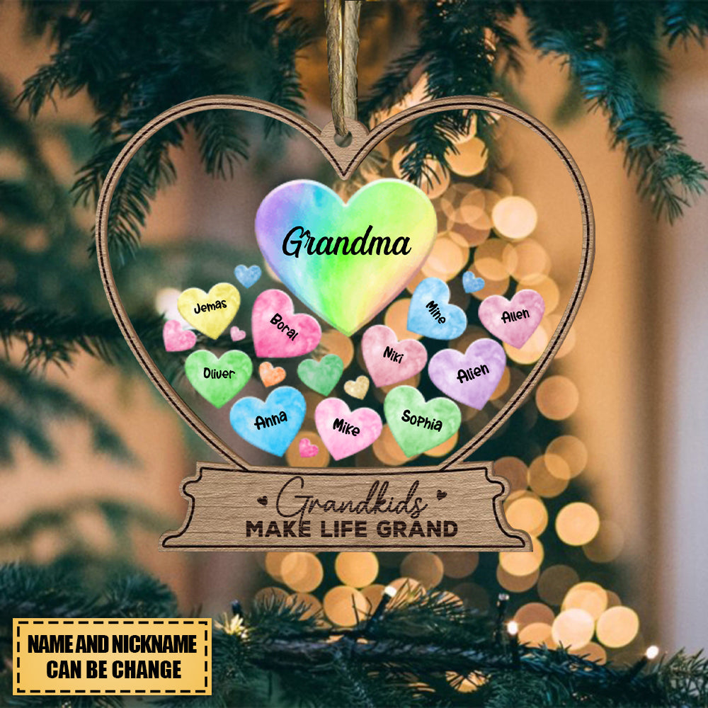 Grandma Mom Hearts With Kids' Names - Personalized  Acrylic Ornament With Bow