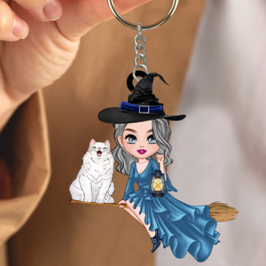 Witch Riding Broom Mystical Girl With Cute Cat Kitten Pet Personalized Keychain