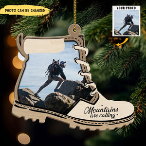 Mountains Are Calling - Personalized Christmas Photo Upload Gifts Custom Wooden Ornament for Hiking Lovers