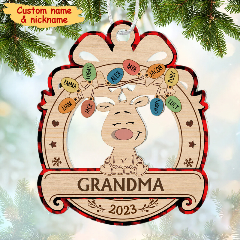 Personalized Christmas Reindeer Grandma Mom Colorful Lightbulb Kids Ornament