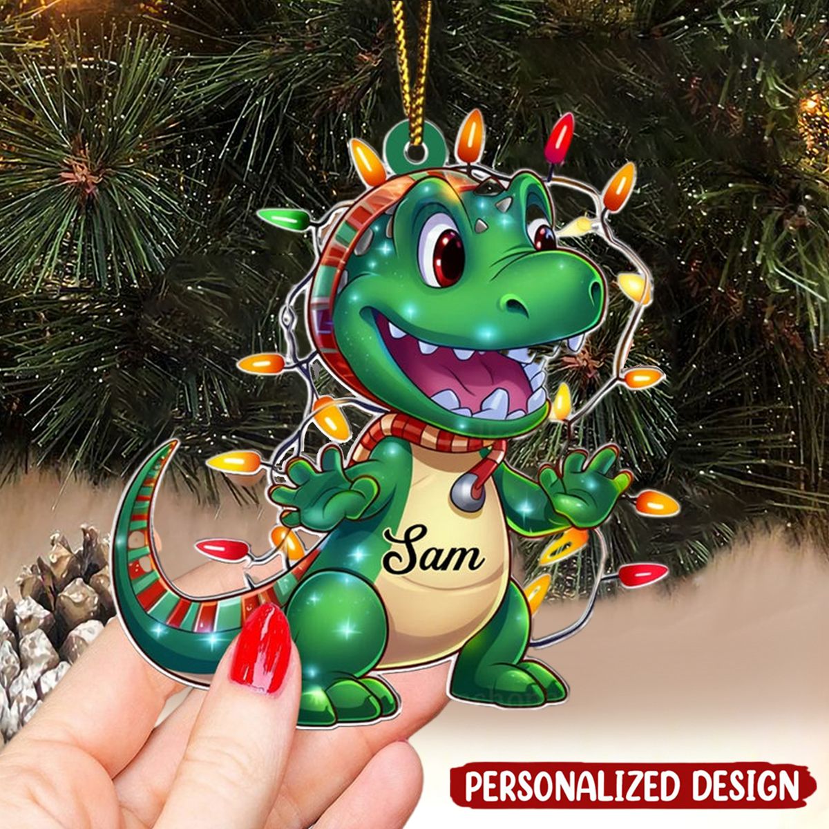 Dinosaur Wearing Christmas Grandkids Personalized Acrylic Ornament