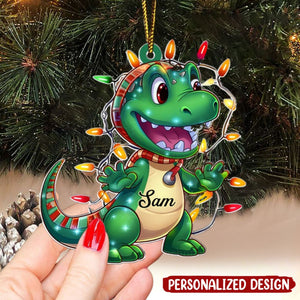 Dinosaur Wearing Christmas Grandkids Personalized Acrylic Ornament