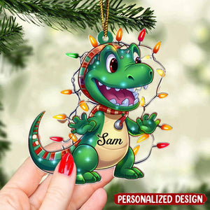 Dinosaur Wearing Christmas Grandkids Personalized Acrylic Ornament