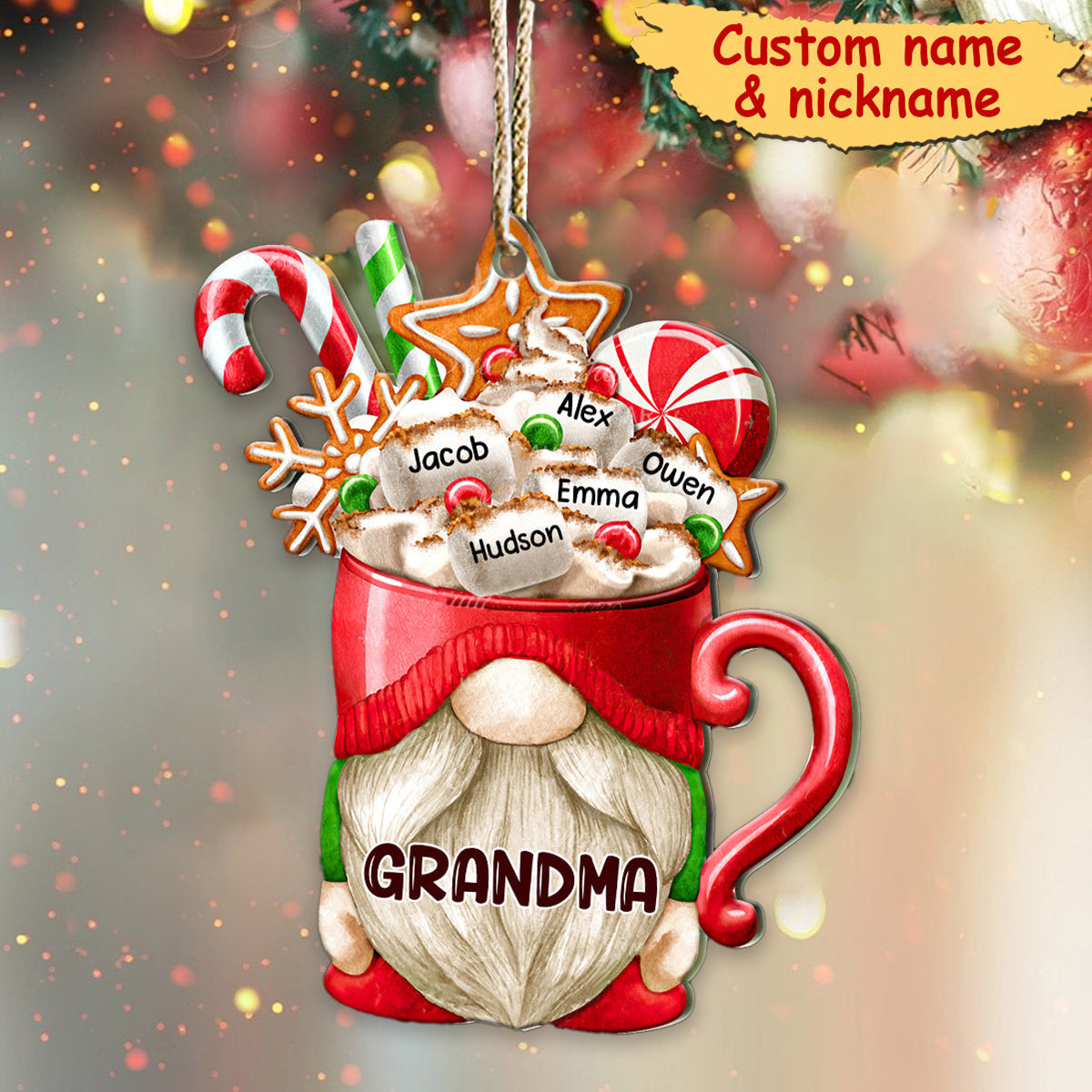 Grandma Christmas Marshmallow Hot Chocolate Cup Dwarf Personalized Acrylic Ornament