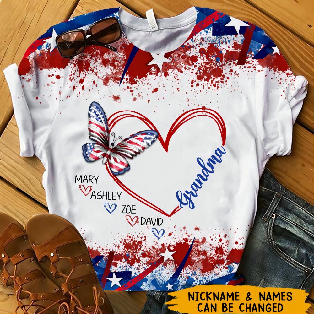 Butterfly Grandma Sweethearts Grandkids 4th of July Personalized 3D T-shirt