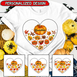 Grandma Mom Pumpkins Fall Leaves Personalized Shirt