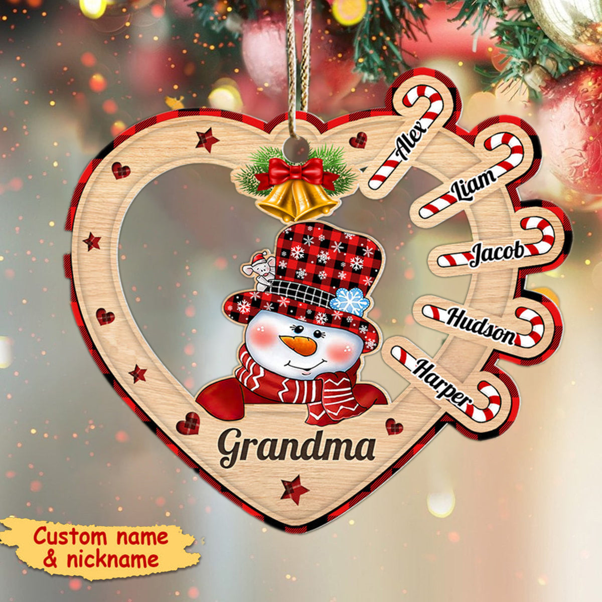 Personalized Christmas Gift For Grandma, Candy Cane Snowman Christmas Wood Heart-shaped Ornament