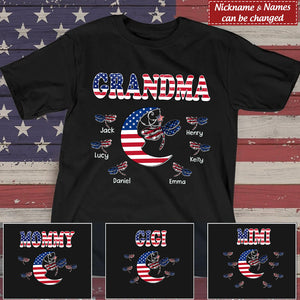 Personalized Grandma Mom Nana Grandkids Dragonfly Moon American Flag T-shirt