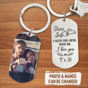 Personalized Anniversary Keychain for Him - 'Drive Safe I Need You Here' Engraved Photo Keepsake, Custom Romantic Gift for Husband/Boyfriend with Heartfelt Message