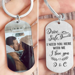 Personalized Anniversary Keychain for Him - 'Drive Safe I Need You Here' Engraved Photo Keepsake, Custom Romantic Gift for Husband/Boyfriend with Heartfelt Message