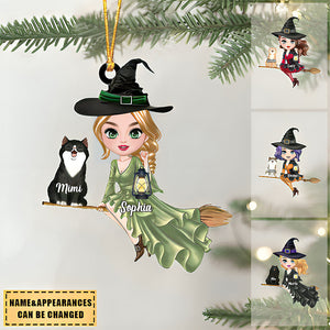 Witch Riding Broom Mystical Girl With Cute Cat Kitten Pet Personalized Christmas Ornament