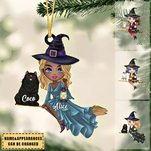 Witch Riding Broom Mystical Girl With Cute Cat Kitten Pet Personalized Christmas Ornament